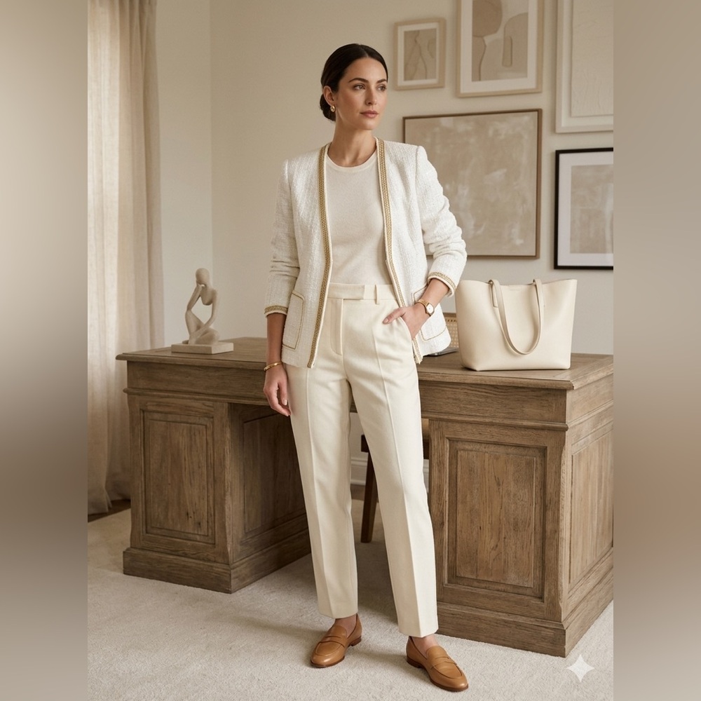 VNTG Elite Champagne White Tweed  Blazer Church   formal Business Old Money Sz 8